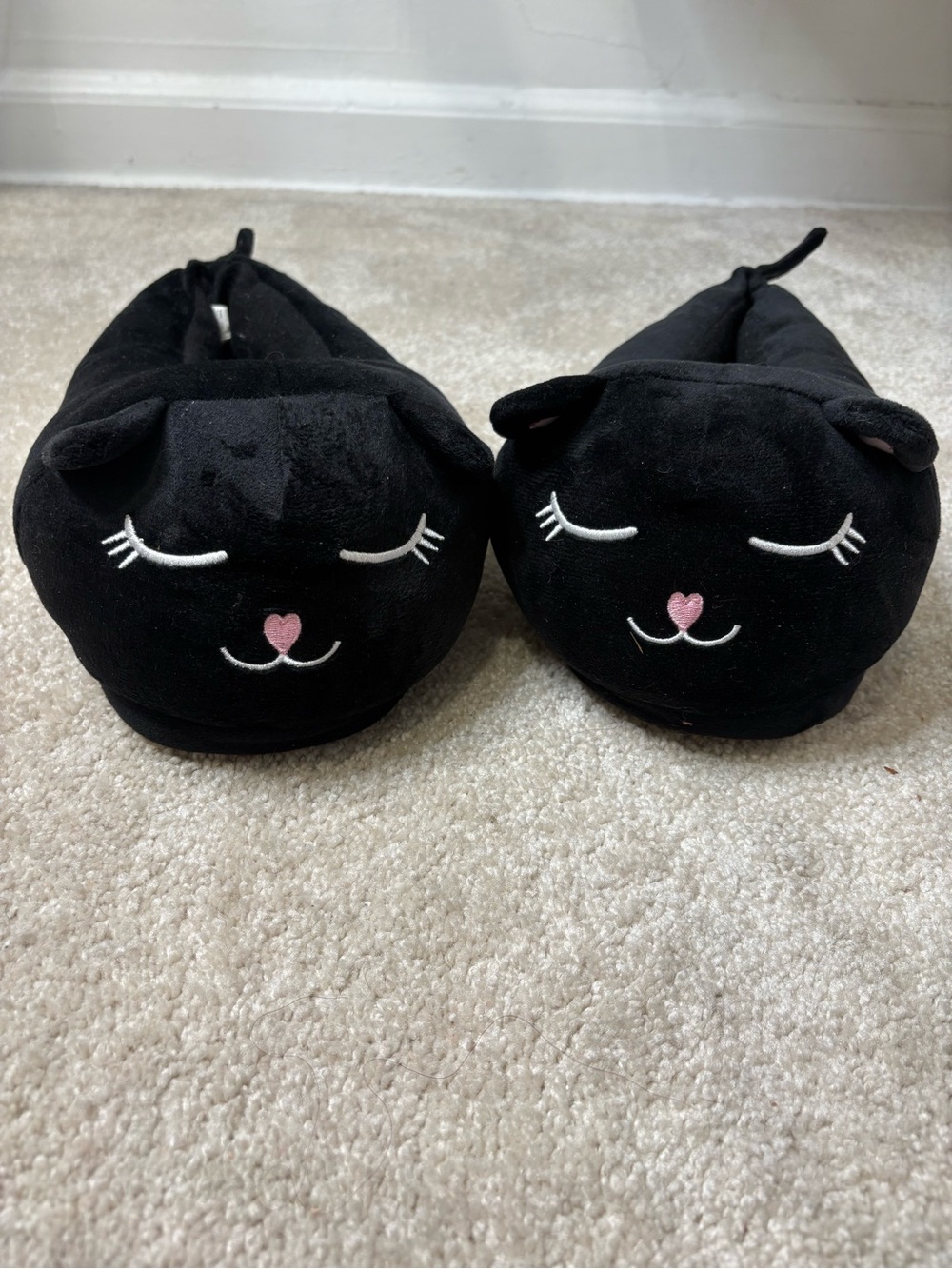 Black Cat Plush Slippers with Pink Heart Nose